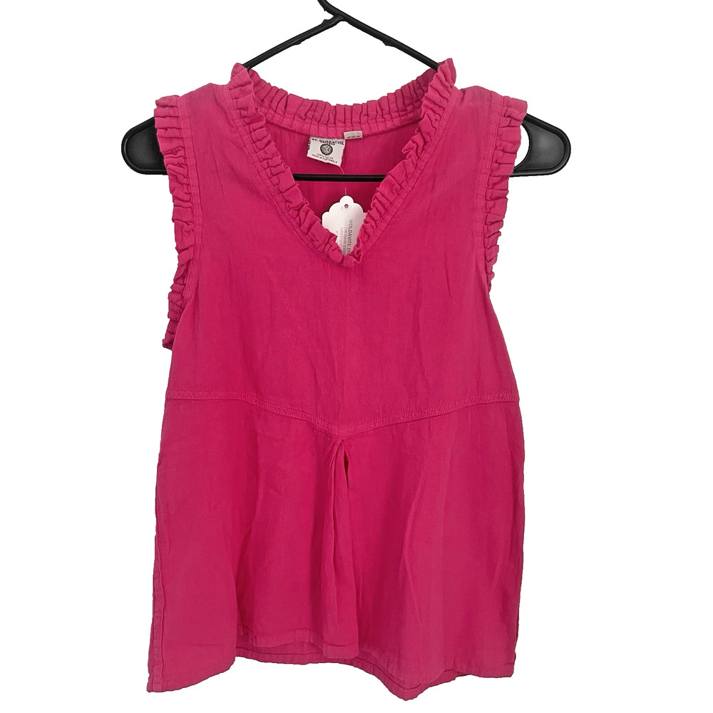 XS Ruffle Trim Sleeveless‎ Cotton Blouse Pink Bright Boho Cottagecore Festival
